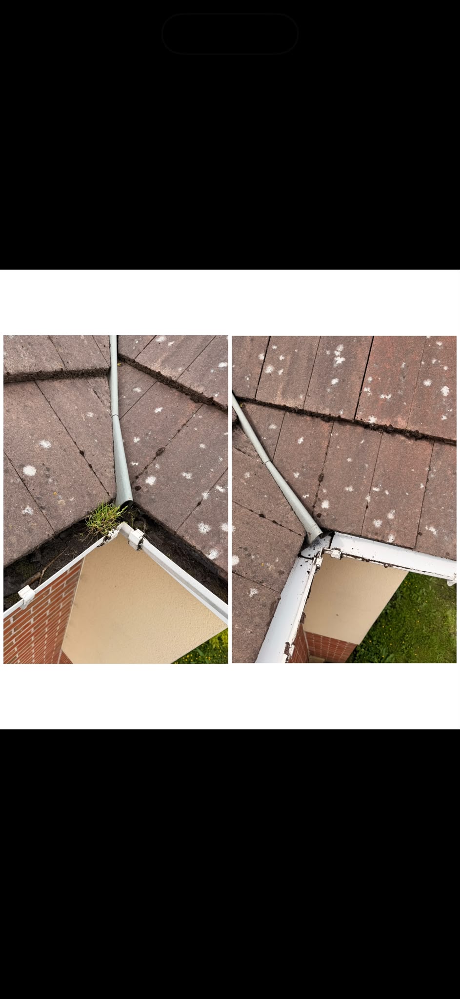 Gutter and downpipe corner before and after clearing, with weeds and silt taken out of the channel