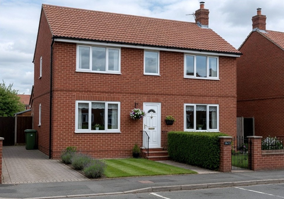 British brick house with clean white windows on a residential street